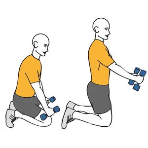 Estiramiento vertebral con mancuernas de rodillas