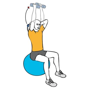 Extension de triceps con mancuernas sentado en pelota de pilates