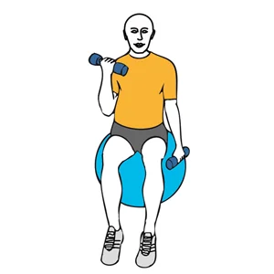 Curl de bíceps alterno con mancuernas con giro sobre pelota de Pilates