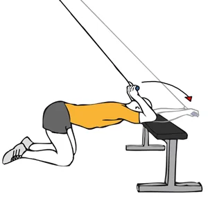Triceps extension with a cable machine supported on a flat bench