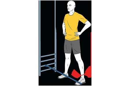 Abducción de cadera con banda elástica y piernas abiertas