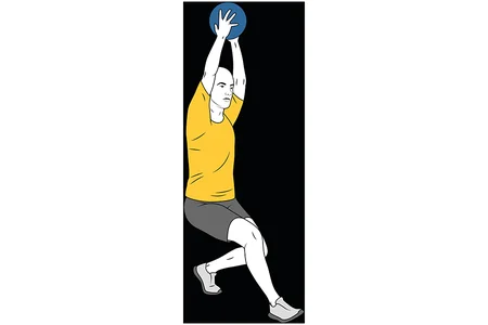 Andar en cuclillas con brazos estirados y balón medicinal