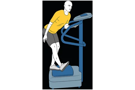 Support on the heel of the leg forward on vibration platform