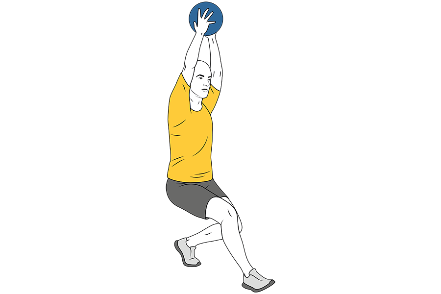 Andar en cuclillas con brazos estirados y balón medicinal