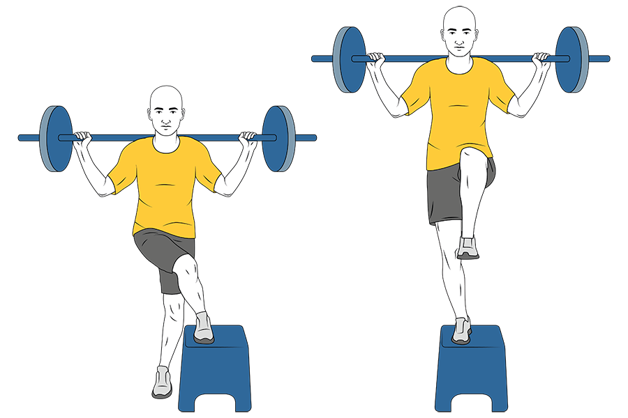 Cruces de piernas con barra sobre steps
