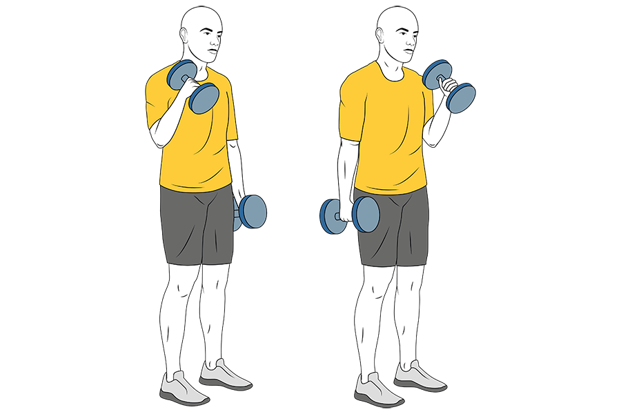 Curl de biceps alterno con mancuernas de pie agarre tipo martillo