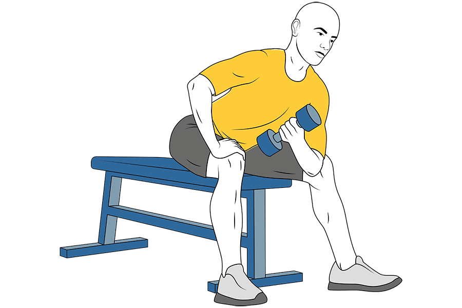 Curl de biceps con mancuerna apoyada en el muslo