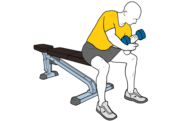 Curl de biceps excéntrico con mancuerna apoyo en el muslo