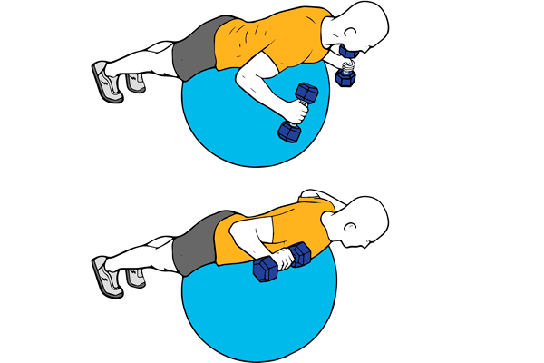 Ejercicio W o Elevación frontal de mancuernas sobre pelota suiza