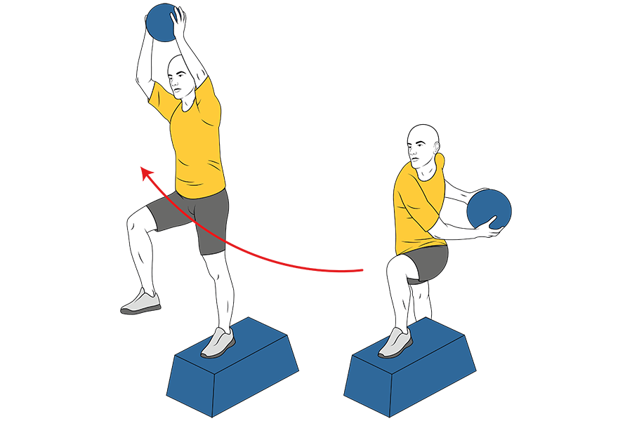 Elevación de cadera y balón medicinal sobre banco