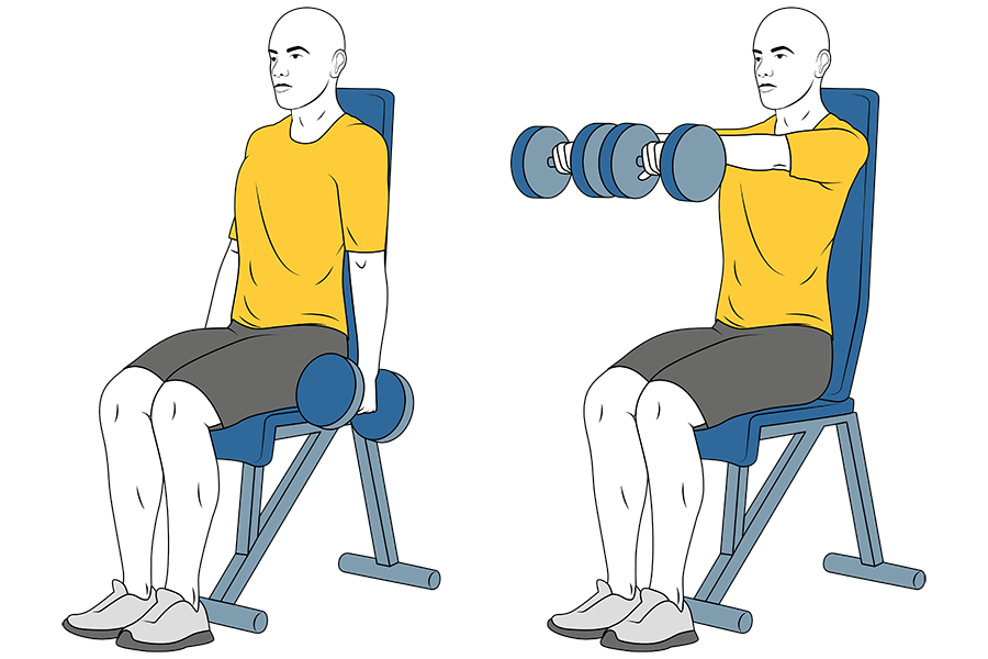 Elevación frontal de hombros con mancuernas sentado agarre en pronación