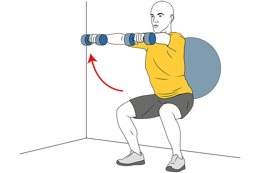 Elevación frontal de mancuernas apoyados en pelota de pilates