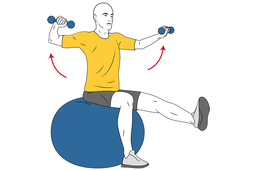 Elevación lateral con mancuernas sentado sobre pelota de pilates