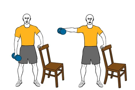 Elevación lateral de hombro con mancuerna y apoyo en banco