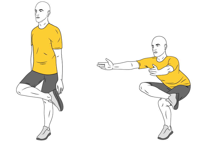 Media sentadilla con piernas cruzadas, brazos adelante