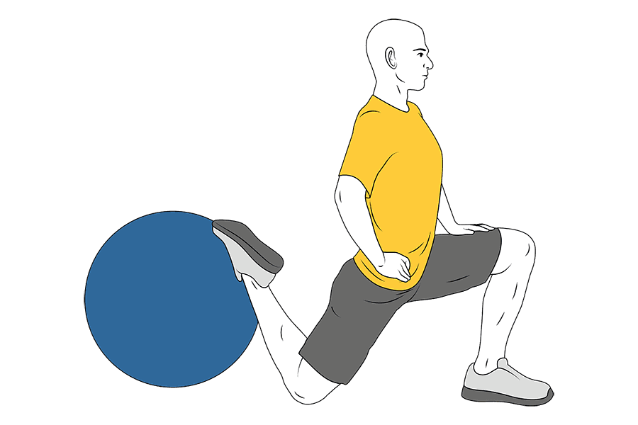 Estiramiento de cuadriceps con pelota de pilates rodilla en el suelo