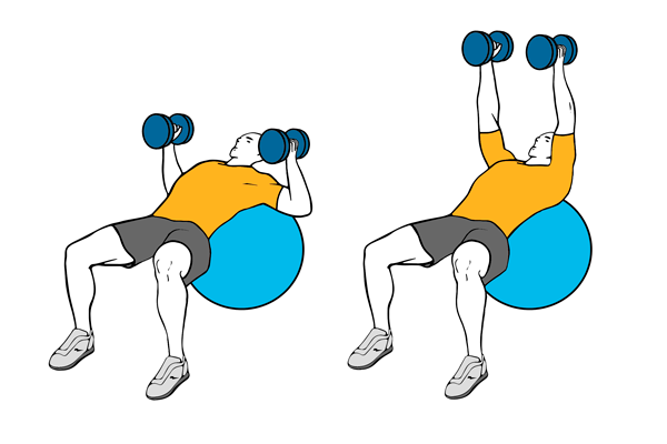 Press pectoral inclinado con mancuernas sobre pelota pilates
