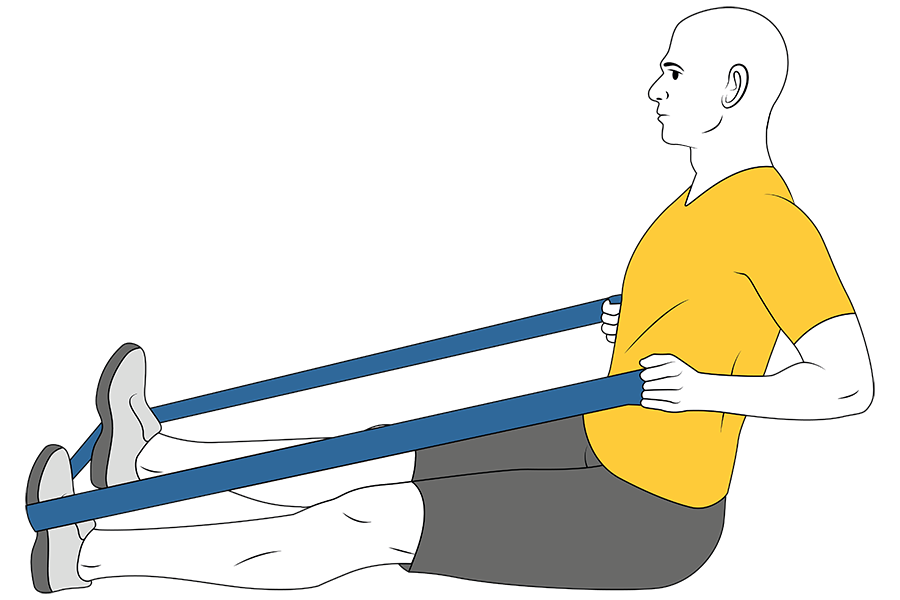 Remo con banda elastica sentado en el suelo