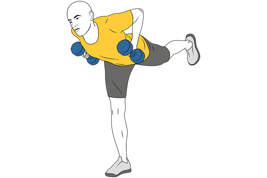Remo con mancuernas en equilibrio sobre una pierna