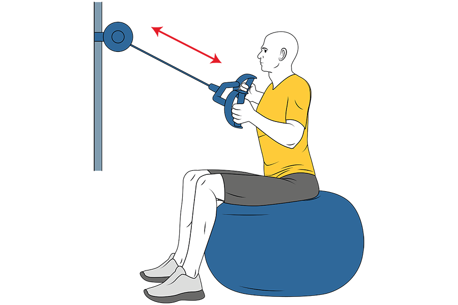 Remo con polea alta sentado en pelota de pilates