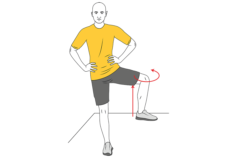 Rotación externa de cadera de pie con rodilla levantada