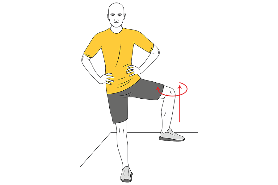 Rotación interna de cadera de pie con rodilla levantada