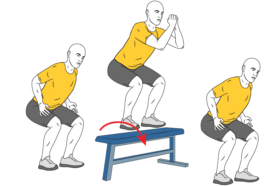 Salto pies juntos sobre banco