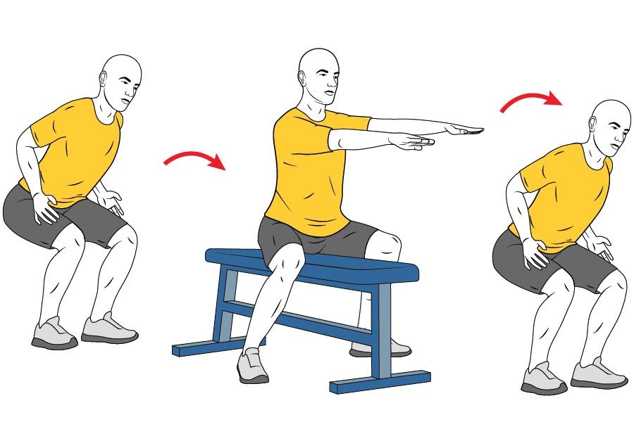 Saltos media sentadilla, banco entre las piernas