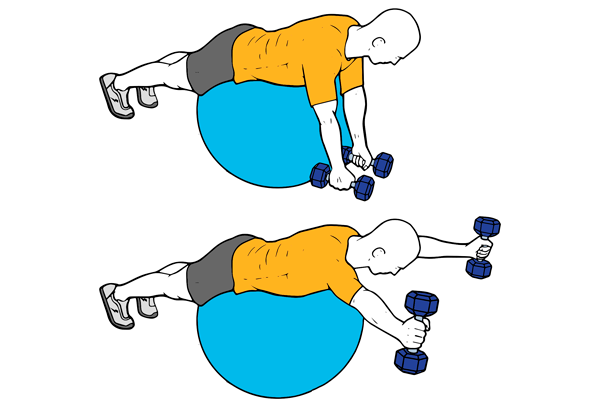 Ejercicio Y o Elevación frontal de mancuernas sobre pelota suiza