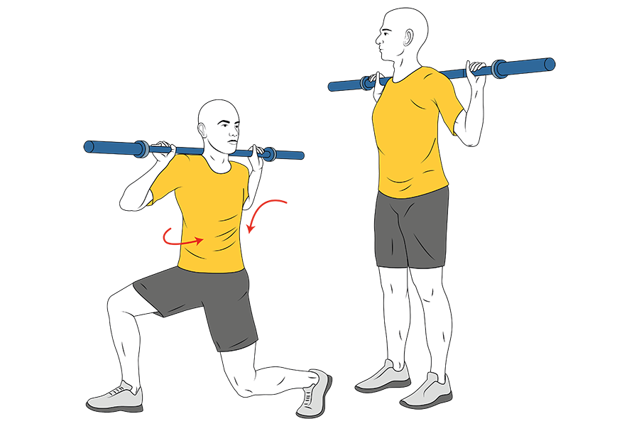 Zancada adelante con barra y giro de cintura