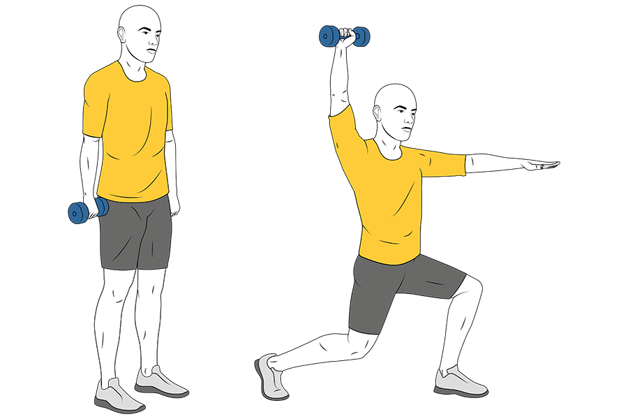 Zancada adelante y extension de brazo en vertical