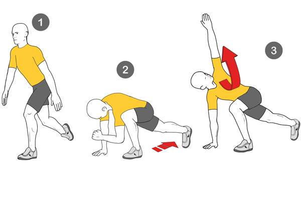 Zancada inversa con giro de cintura