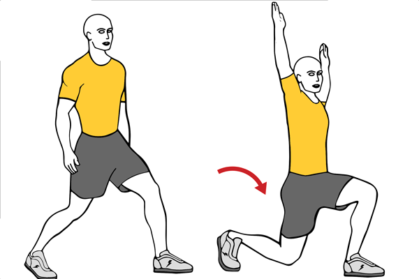 Zancada y elevación de brazos sobre la cabeza