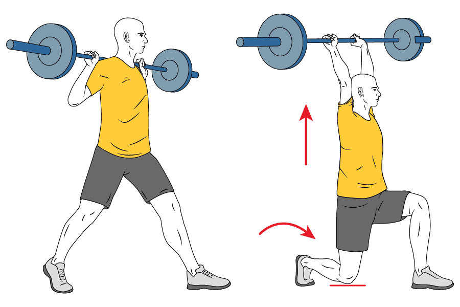 Zancada y extensión de hombros con barra