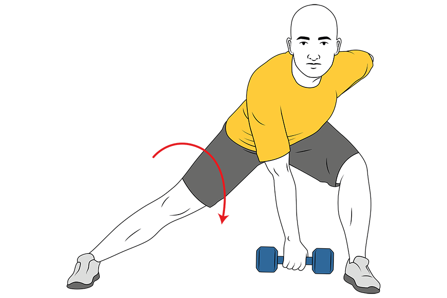 Zancada y flexion de tronco adelante con mancuerna